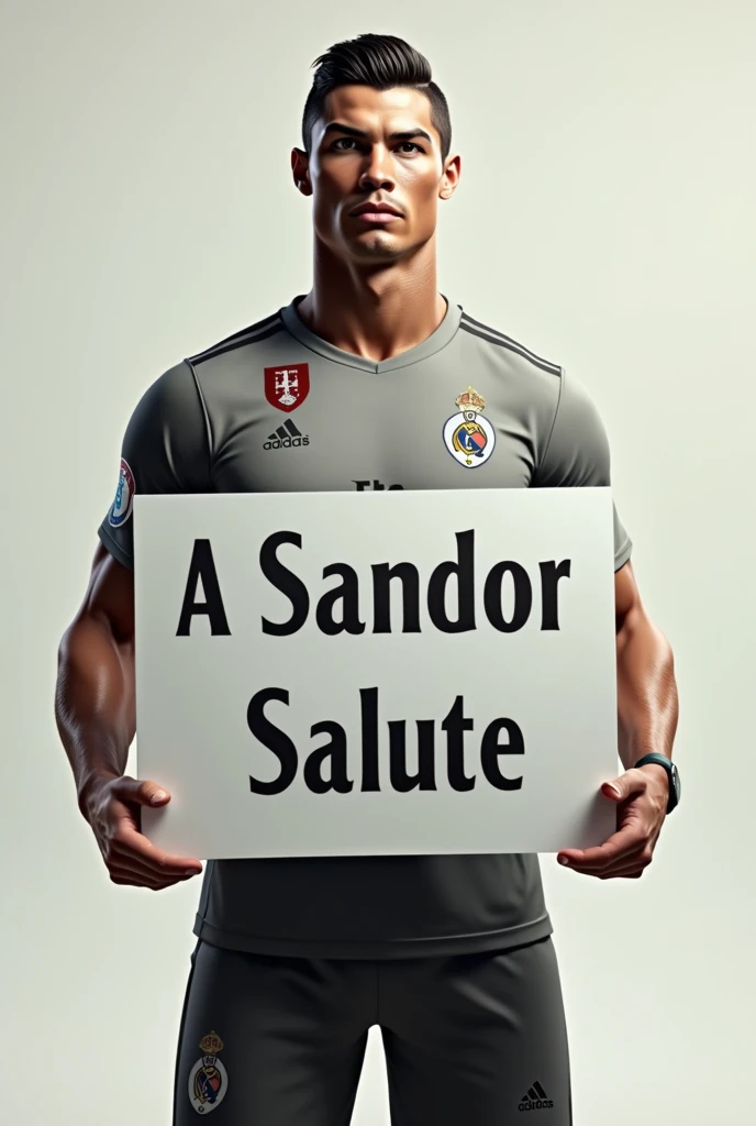 Cristiano Ronaldo with a sign that says a Sandor salute