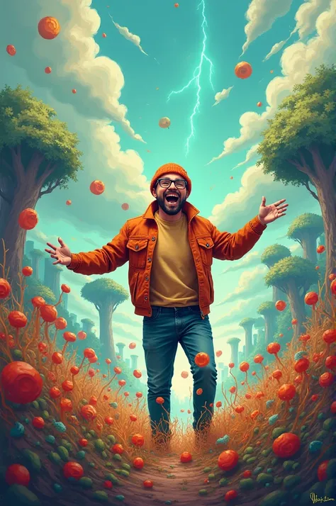 We no longer need an atomic bomb ,  the uprooting of man is already here. Une image fantaisiste et joyeuse avec un homme portant un bonnet orange et des lunette