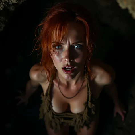 cinematic close-up photograph of a beautiful red-haired woman, blue eyes, Jane Russell style hair, sexy and sculpted body, beautiful breasts, (((scared))) with animal skin as old and torn clothes, running inside a dark cave