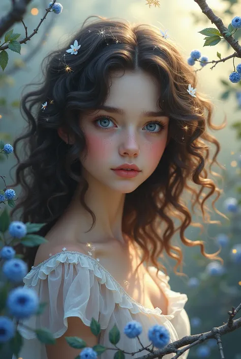 German girl, curly hair, fantasy, Write on it "blaubeere  "