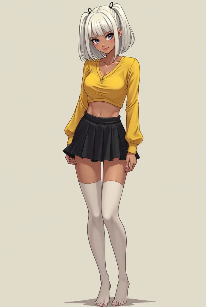 man, male body  , femboy, flirty , submissive , beautiful , shy ,  with short black skirt yellow navel-length blouse white stockings and bare feet,  white hair,  brown skin,  white hair corto, low , and wide hips 