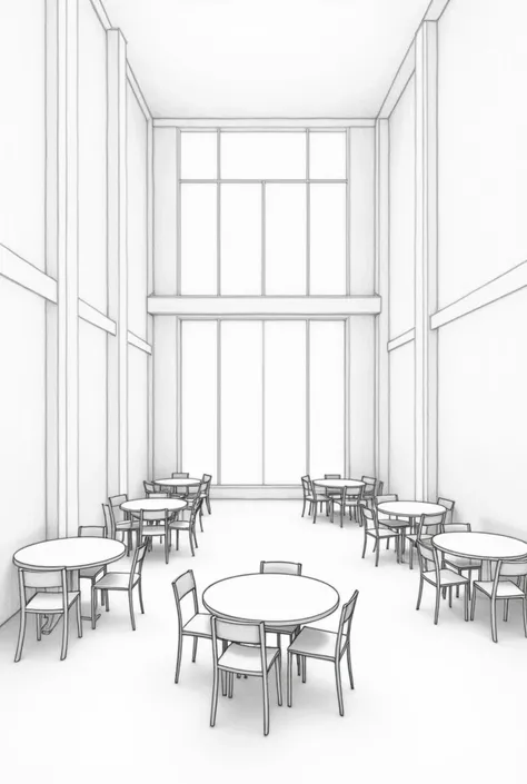 A pencil drawing of an inside of a wide empty cafe with round tables that are far from each other