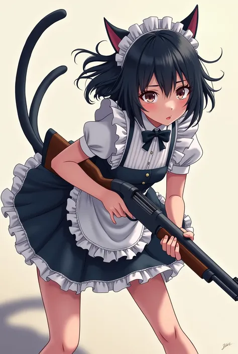 anime,Black hair, glasses, maid, maid outfit, cat ears, tail, shotgun
