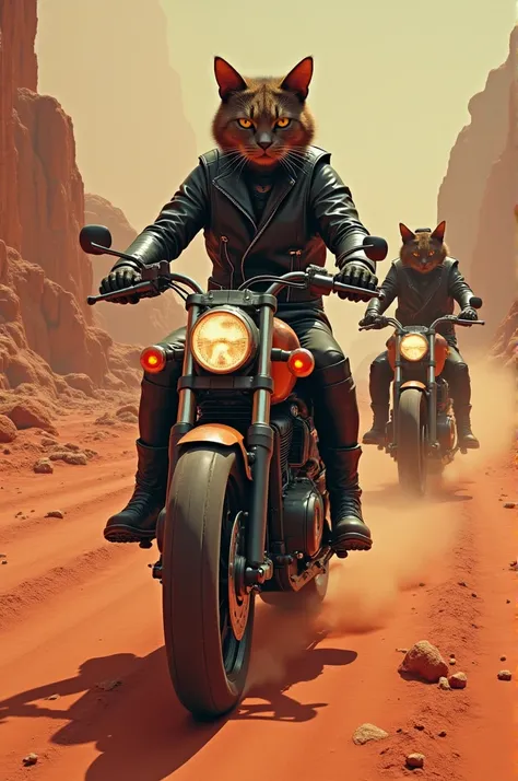 a mean crew of cat biker gang members, wearing kouign leather jackets, riding on the surface of Mars in the year 2500, science fiction adventure, Yoji Shinkawa style, Syd Mead style, --ar 16:11 --v 6.1