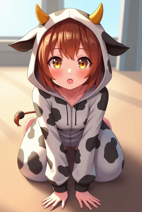 Too much exposure　 bob hair　 bright brown hair 　yellow eyes
anime　 cow cosplay　woman　 on all fours　Looking up