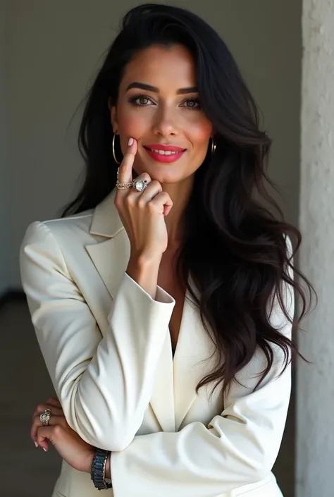  create an image of a 34-year-old woman weighing 58 kg , She has long hair in the color black, this,  she has black eyes , ela this usando uma camisa branca  blazer branco ,  ela this com as unhas bem feitas e pitadas, ela this usando acessórios dourados e...