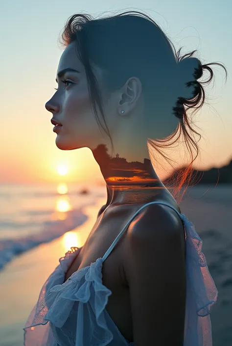  HIGH QUALITY, 8K ultra HD, Una hermosa double exposure que combina una silueta de diosa con la costa al atardecer,  the coast at dusk should serve as a backdrop ,  with its details incorporated in the goddess , sharp lines, The background is monochrome,  ...