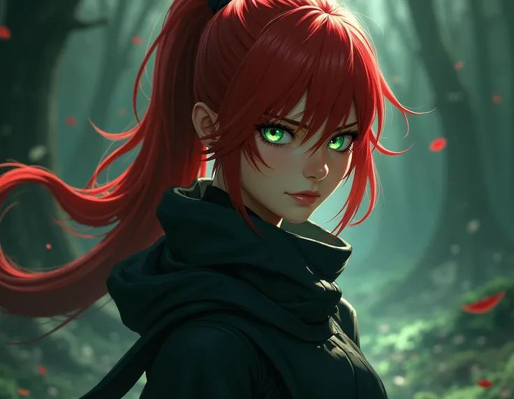 She is a girl ,  red hair , Its a ninja ,  green eyes 