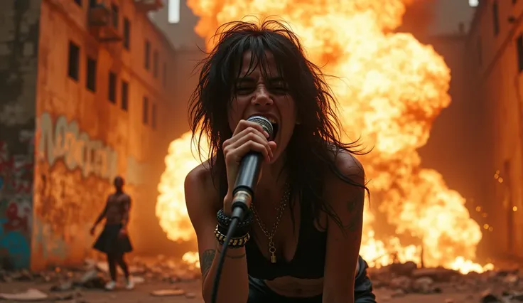 A high-intensity scene for the single MONOLITH by GRANITE. FRONTAL SHOT The focus is on a REAL HARDCORE punk rock female vocalist with messy black hair, leaning forward in a fierce stance like Phil Anselmo, screaming into a microphone held with both hands....