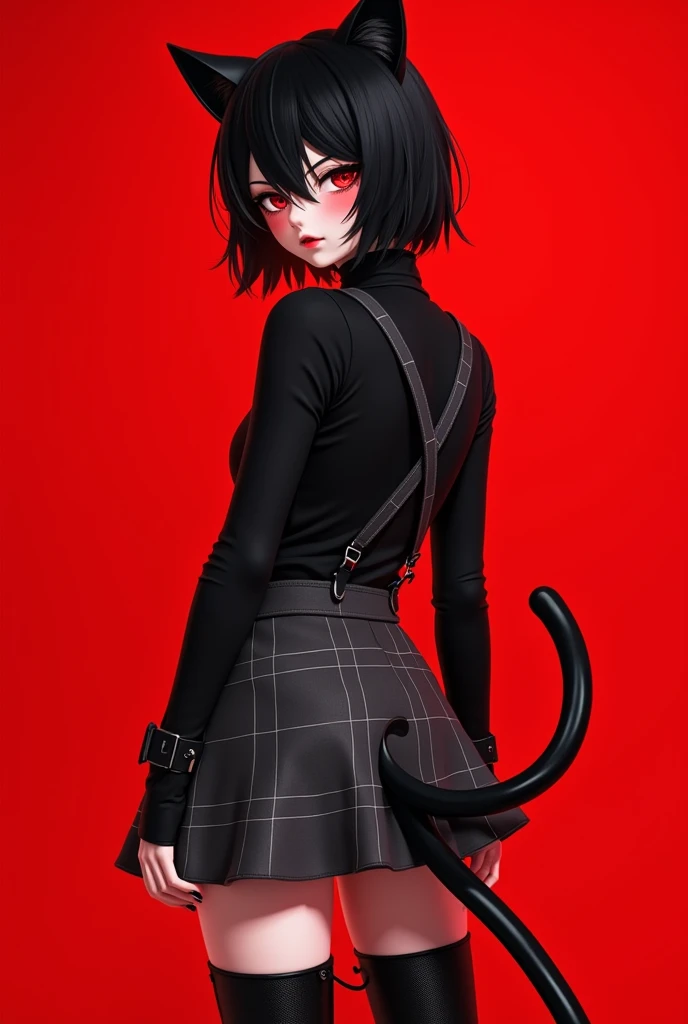 Goth femboy, black turtle shirt, black thigh highs with suspenders, black leather boots, gray plaid skirt, black fingernails, black short hair, cute face, black eyelashes, red cheeks, pale skin, red eyes, anime, cat ears and cat tail, red background 