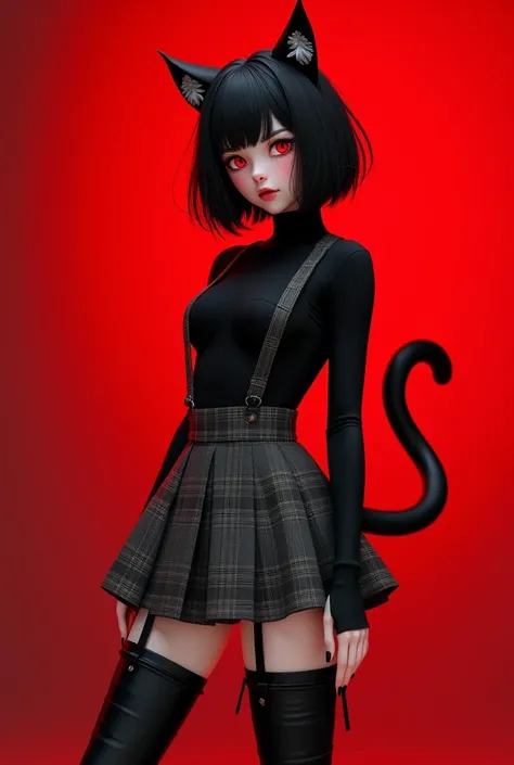 Goth femboy, black turtle shirt, black thigh highs with suspenders, black leather boots, gray plaid skirt, black fingernails, black short hair, cute face, black eyelashes, red cheeks, pale skin, red eyes, anime, cat ears and cat tail, red background 