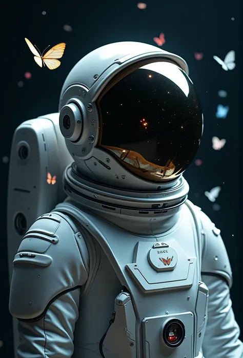 A close-up of a man in a spacesuit，Butterflies flutter around， fully space suited, lonely astronaut, liminal space in outer space