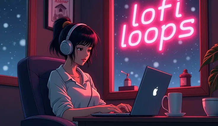  In the style of the Japanese anime of the 1980s ,  a nostalgic scene featuring a 20-year-old woman sitting in a chair ,  wearing headphones and holding a Cup of coffee while working on a laptop and listening to jazz music.  The room is cozy , with a windo...