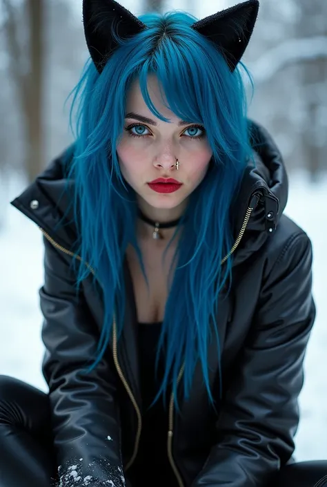 Jinx (Arcane), wearing a black tight sexy winter jacket and black latex pants, has cat ears on her head, blue hair, has beautiful blue glowing eyes, luscious full red lips, gold nose ring, winter scenery,
clear lines, sharp sharpness, amazing fullness of c...