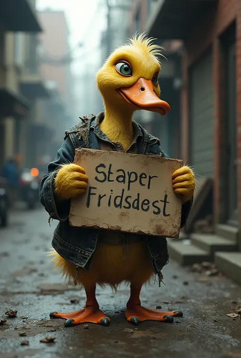 Duck wearing ripped clothes holding sign asking for food