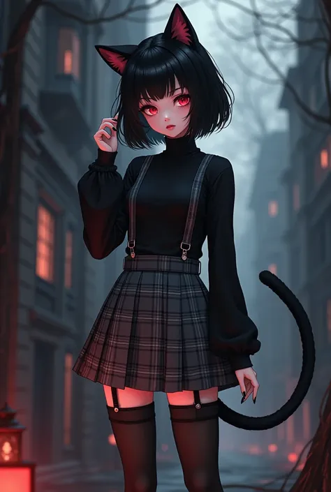 Goth transgender girl, black turtle shirt, black thigh highs with suspenders, black leather boots, gray plaid skirt, black fingernails, black short hair, cute face, black eyelashes, red cheeks, pale skin, red eyes, anime, cat ears and cat tail