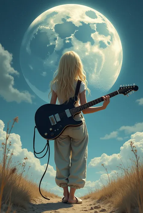 Blonde girl wearing big trausers and holding electric black guitar, going to the big moon and she is back to the camera