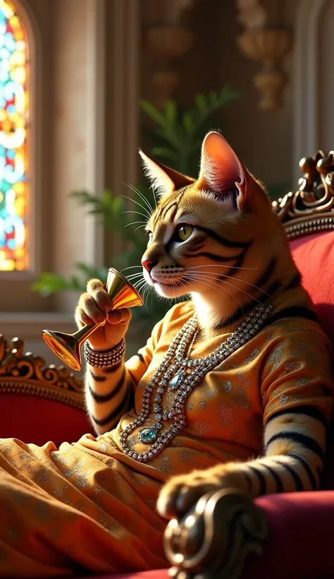 A Bengal cat hybrid, with shimmering golden-brown fur and bold black rosettes, lounges on a velvet chaise in a Mughal-inspired palace. Its human-shaped body is dressed in a gold-embroidered sherwani, paired with a diamond-studded necklace and emerald-studd...