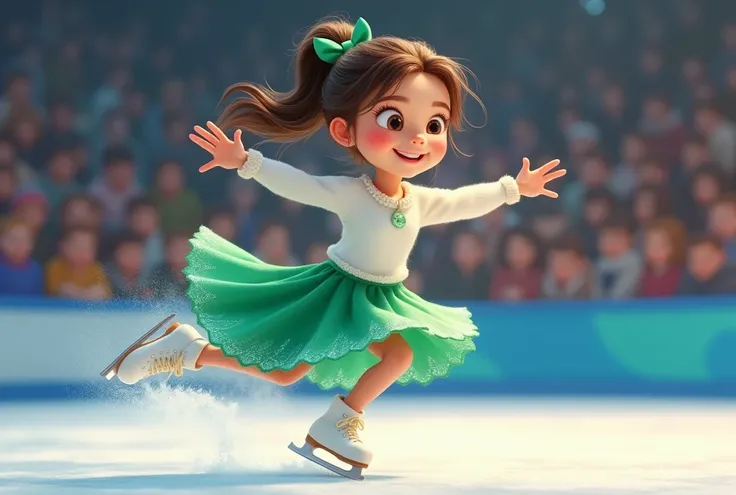 A young girl with a radiant smile of triumph glides effortlessly across the ice, her entire figure visible in a captivating hyperrealistic 3D style cartoon. She wears a vibrant green skirt that flows behind her like a sparkling waterfall, paired with a cri...