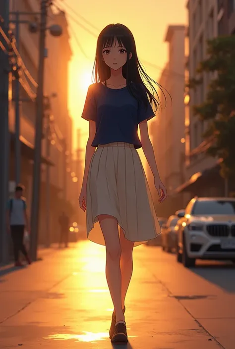 Girl with long straight black hair , white skin ,Wearing a white skirt and a plain navy blue shirt , walking down a street at sunset golden quietly