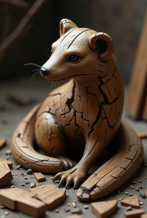 a shattered ferret wooden carving 