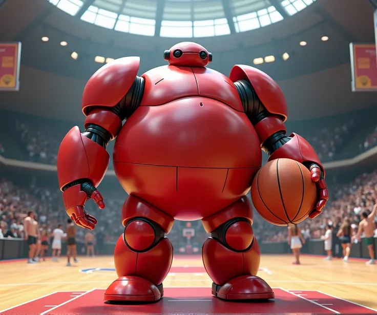 Create Baymax with his red armor and heels with a basketball background and 