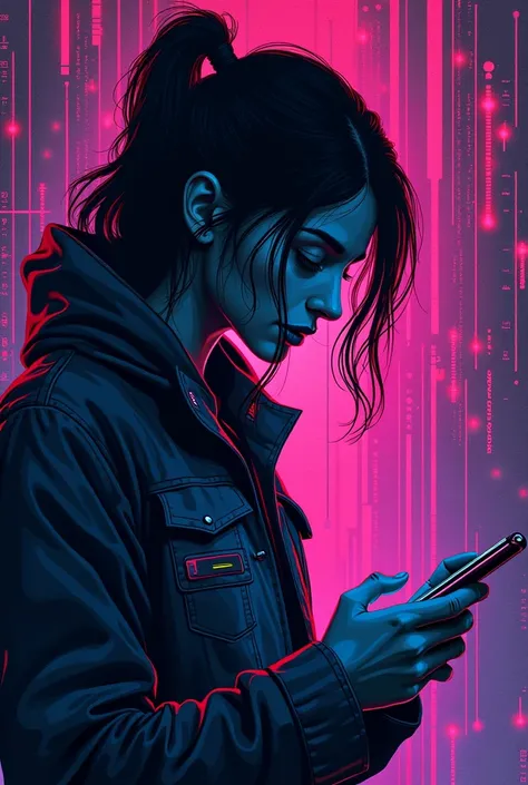  a close up of a poster with a person holding a cell phone,  cyberpunk art inspired by Dan Mumford ,  trend on Behance , Computational Art,  great technological style art , heart of the internet ,  synthetic wave art  style,  cybernetic aesthetic ,  synthe...