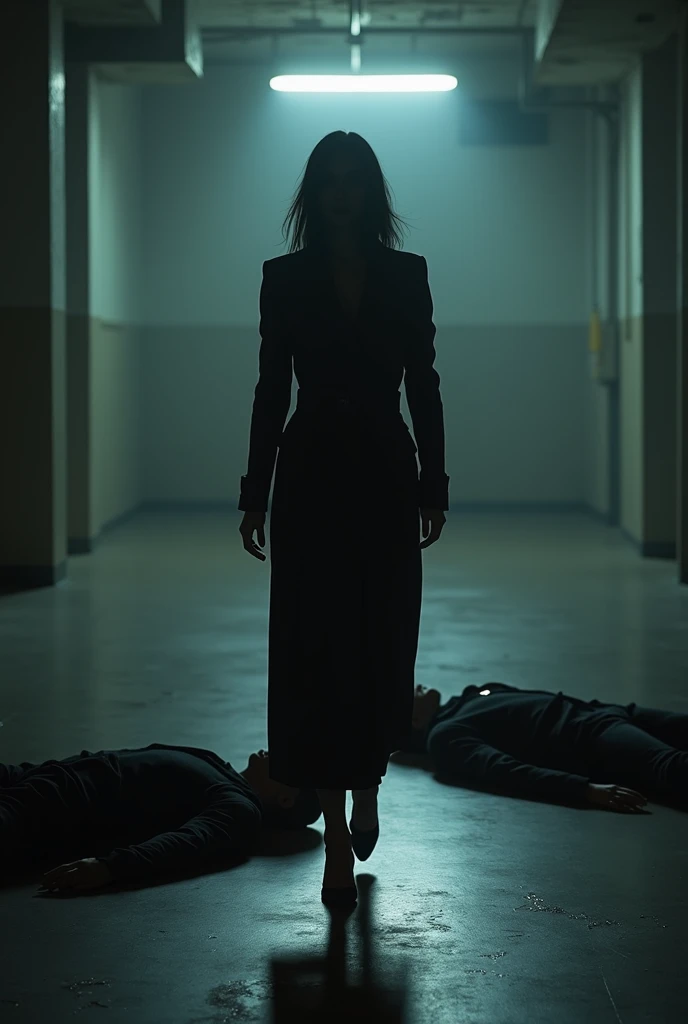 female secret agent wearing a black trench coat that reaches her feet walking through a building with 2 men hanging on the floor