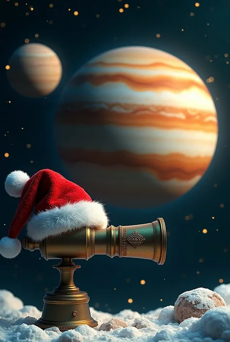 Jupiter and Pluto and telescope with Christmas hat