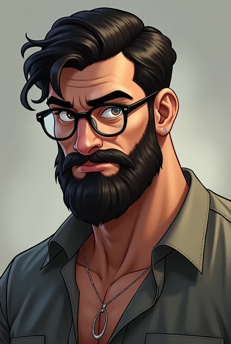 tall guy with glasses and a beard but not with a big beard medium slightly rough and big body with dark short hair in the style of a Disney prince