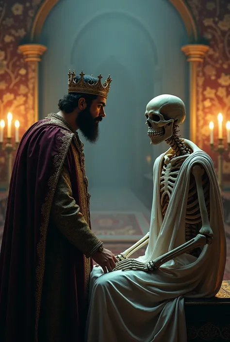 The kings conversation with a skeletal man in a seated position