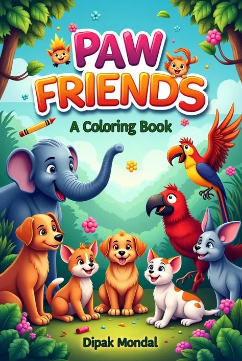 Create a book cover for the title "Paw Friends". The background should be a vibrant, colorful landscape filled with various animals, such as playful puppies, curious kittens, and exotic wild creatures like elephants and parrots. The title "Paw Friends" sho...