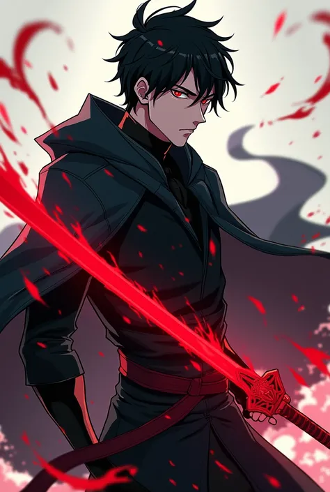 An anime guy wearing black clothes with a red sword and red eyes