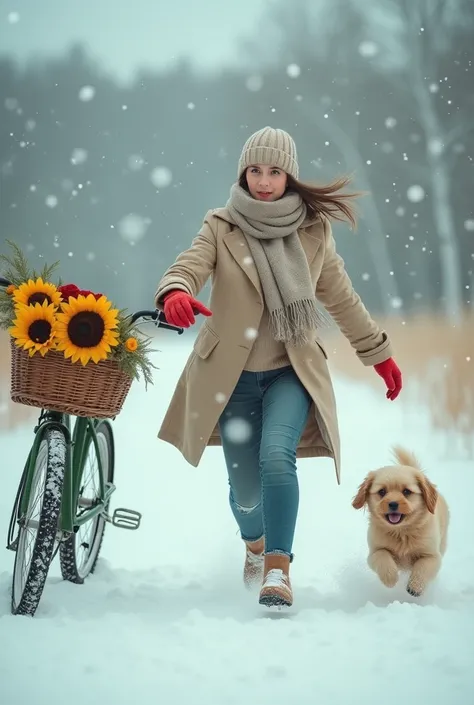  Surreal image in high definition 4k of a woman running on the snow watching her breath settle because of the hard cold and the snow that keeps falling. She wears a beige scarf and red gloves . A green bicycle with a brown basket full of sunflowers and ros...