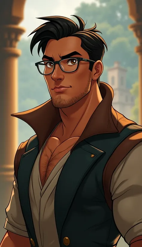 tall cute guy with glasses and a small beard  with slightly rough and big body with dark short hair in the style of a Disney prince