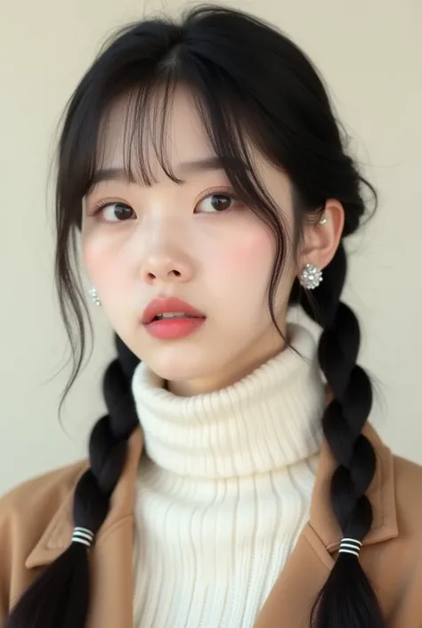 A beautiful korean female model with black hair. She is twenty years old with a Korean face. She is wearing a white knit turtleneck and a light brown coat. She has cream eyeshadow and pink lipstick. She appears quiet, indifferent, firm, fierce, angry, indi...