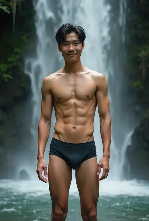 tall cute young asian sixpack korean male teenager sweating wet sixpack body standing infront of waterfall wearing wet underwear body facing forward both hands lifted up  with smilling expression eyes facing front with lifted splited feet