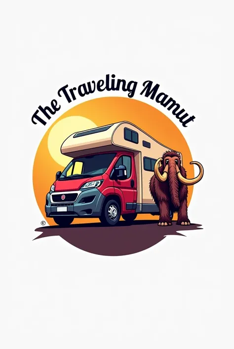 I want a round logo of Fiat Ducato motorhome in burgundy color with a cartoon of a mammoth and the legend The Traveling Mamut