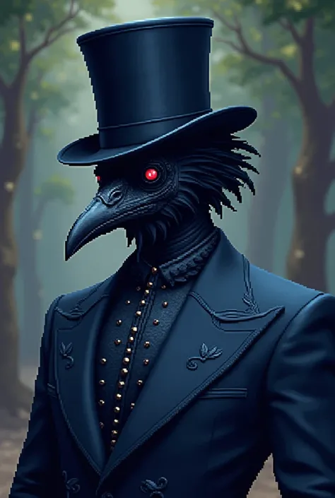 Man wearing a crow mask covering his entire face, wearing a top hat, with a navi blue Victorian style suit, With feather details, Pixel art style, looking like a 2d game, from side 