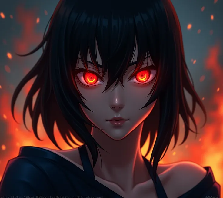 girl , Semi-shoulder-length black hair  .  He wears clothes in shades of black and blue with top , indicating his affinity with the fire element.  His Sharingan is active and has a passionate expression. 