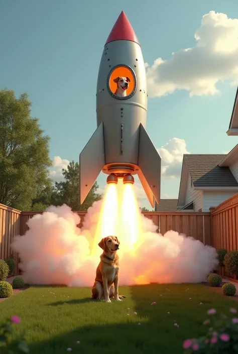 : The rocket in the backyard with smoke coming out of the engines and a dog in the cabin 