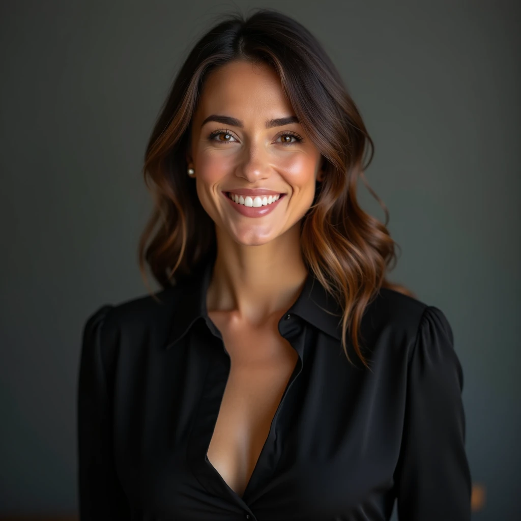 Close-up portrait of a beautiful womans bust, happy, smiling and motivated ,  looking at the camera like a successful influencer,  movie quality 4k ,  realistic and volumetric lighting ,  dressed with a black blouse 