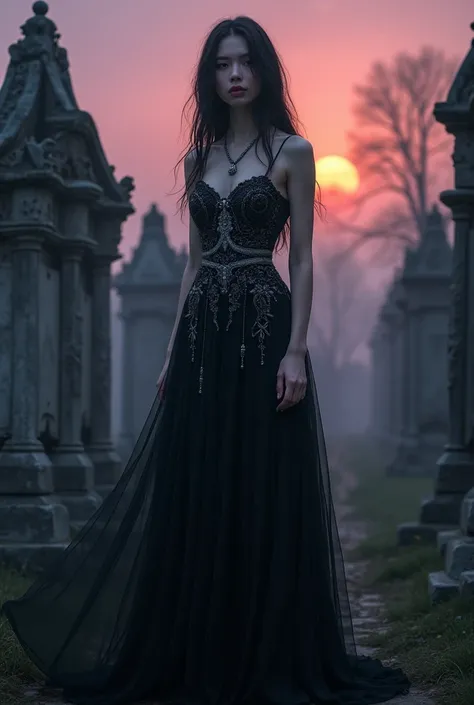 A dazzlingly beautiful young witch stands gracefully in a misty cemetery at dusk, surrounded by ancient, crumbling gravestones adorned with intricate carvings. Her long, flowing black gown shimmers with silver threads, reflecting the soft, ethereal light o...