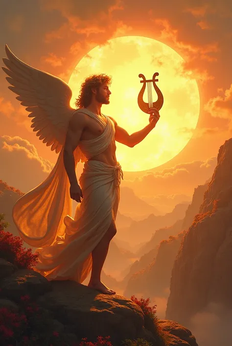 Imagine Apollo from Greek mythology, embodying beauty and standing in a pose of complete harmony and order. He holds a lyre in his hand, surrounded by a spectacular display of light behind the sun. The scene is filled with vibrant, harmonious colors radiat...