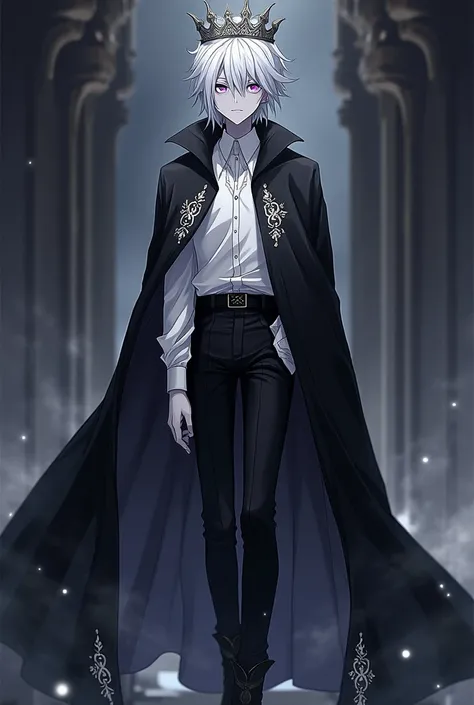 An anime man with gray skin,  disheveled white hair,  right eye white with purple iris ,  left eye black with purple iris ,  dressed in a long sleeve white shirt ,  black pants , black boots,  a black cape embroidered with white cotton and a silver and whi...