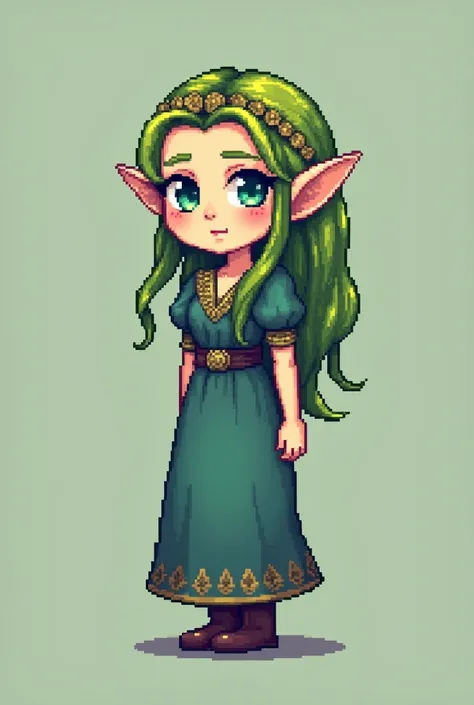 8-bit elf character , Abigail de Stardew valley, #pixelart:3, #pixelart cozy style and detailed pixel art ,  x} with rounded lines and cartoonish proportions ,  creating a cute look .  The elf will be a young woman with fair skin and rosy cheeks ,  express...