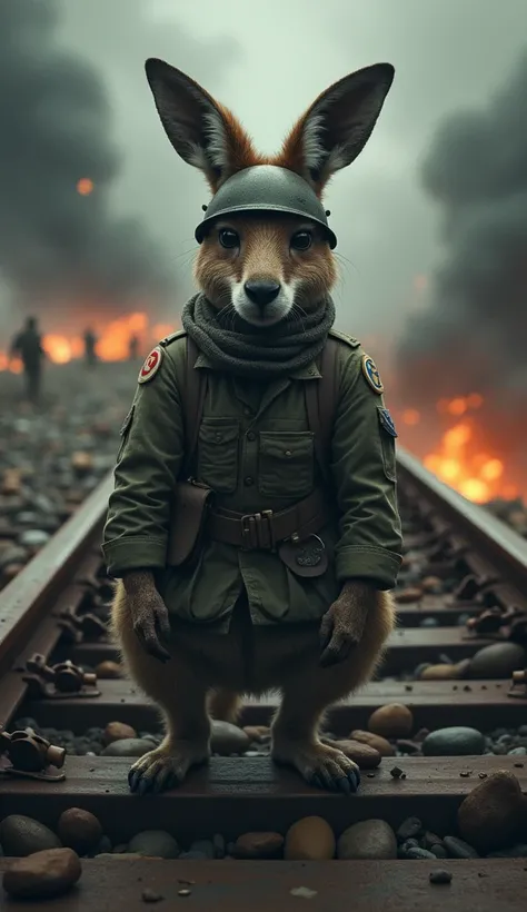 ** Description of the prompt for creating the image :**

" An emotionally impactful scene in a dramatic setting .  An anthropomorphic kangaroo is dressed as a soldier ,  with detailed military attire ,  including helmet and war badges ,  suggesting bravery...