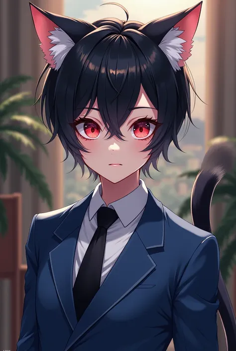 catboy, anime, red eyes, black hair, white cat ears, white cat tail, blue suit black tie