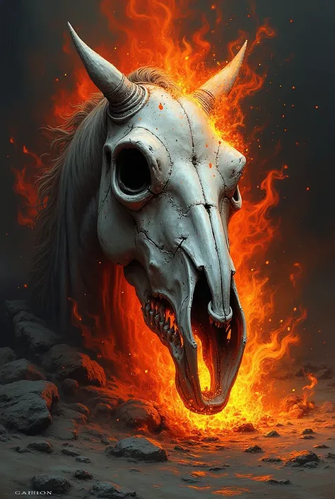 Create an image of a horse skull on fire in the style of drawing with a pen 