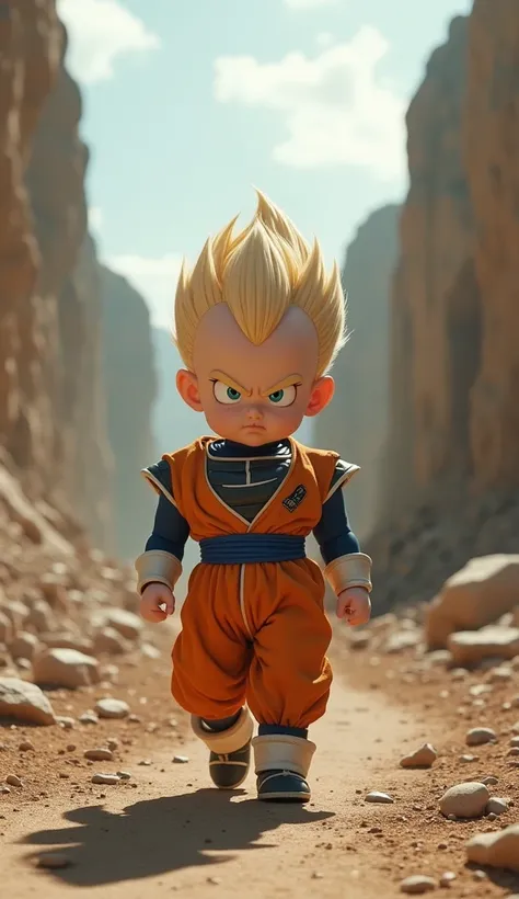 Baby Vegeta:
	•	“Ultra-realistic, high resolution, 8K, photorealistic depiction of Baby Vegeta walking with a serious expression through the ruins of Planet Vegeta, his  showing the pride of the warrior prince, with a detailed, desolate background of ruins...